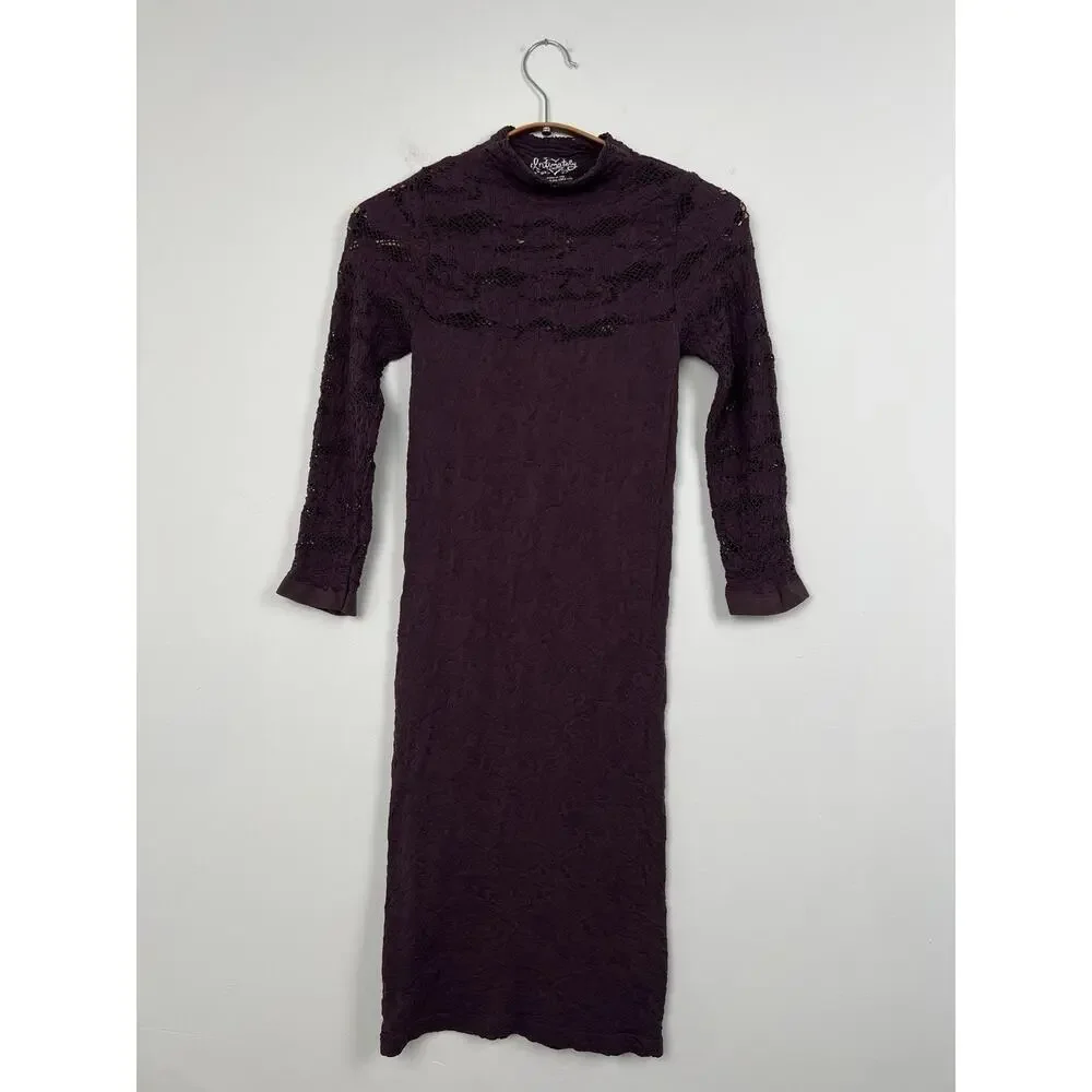 Free People Intimately Size XS/S Bodycon Lace Long Sleeve MIDI Dress Purple Plum